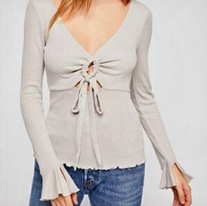FREE People Intimately Tie Front Long Sleeve Shimmery Cream Top